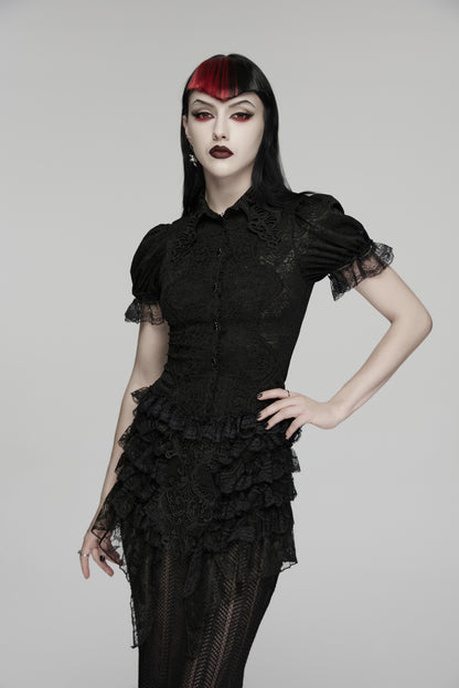 Lace goth shirt featuring short sleeves and intricate lace detailing in a gothic style.