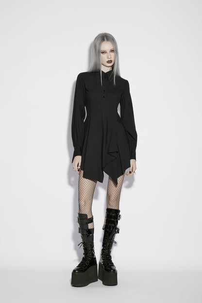 Model wearing the Punk Rave Nyx Asymmetrical Shirt Dress, showcasing a gothic style with dramatic tailoring and edgy footwear.