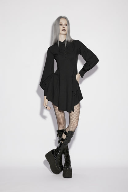 Model wearing the Punk Rave Nyx Asymmetrical Shirt Dress, showcasing its unique design and dark gothic style.