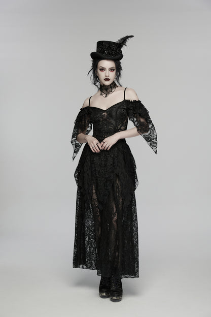 Model wearing Punk Rave Goth Retro Feather Formal Hat with black lace gown and dark makeup in a gothic setting.