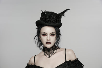 Punk Rave Goth Retro Feather Formal Hat worn by a model with dramatic makeup and dark attire, showcasing gothic elegance.