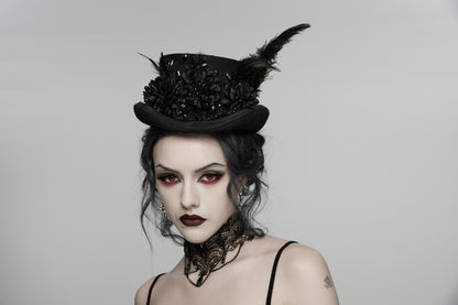 Goth feather formal hat adorned with black flowers and feathers, perfect for alternative and punk fashion.