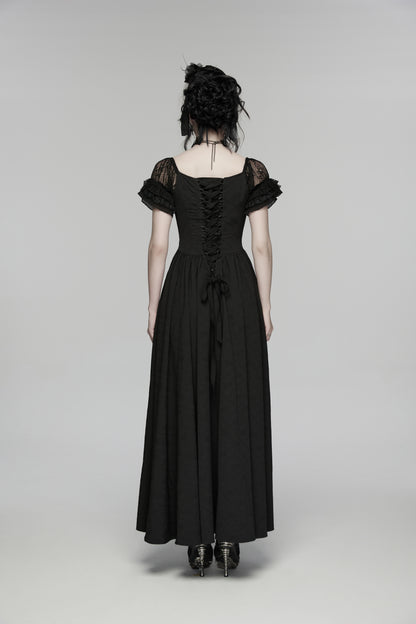 Back view of a goth maxi dress featuring lace accents and flowing silhouette.