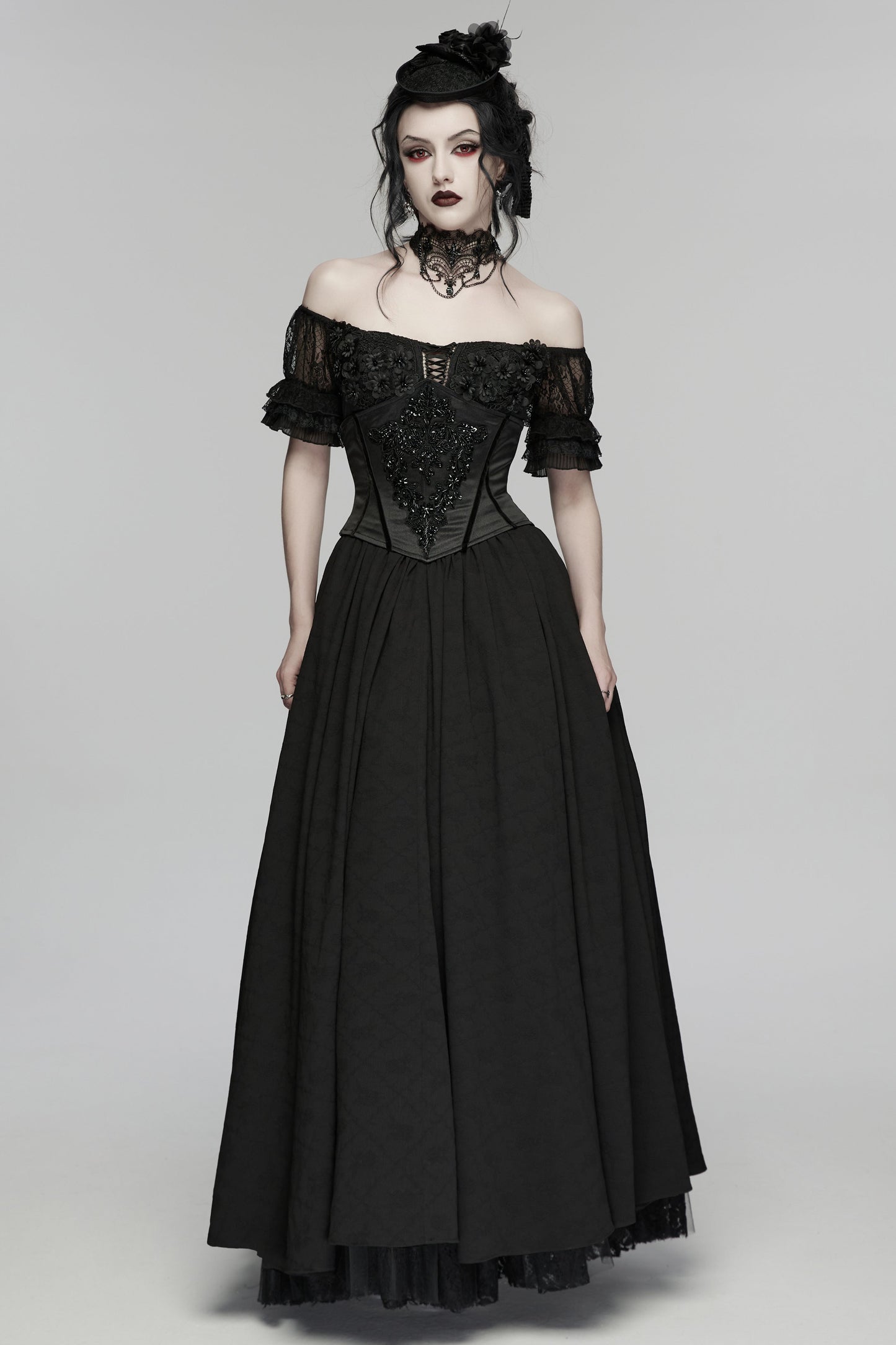 Goth maxi dress featuring off-shoulder lace details and a structured bodice for a dramatic, romantic look.