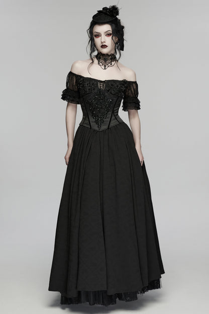 Goth maxi dress featuring off-shoulder lace details and a structured bodice for a dramatic, romantic look.