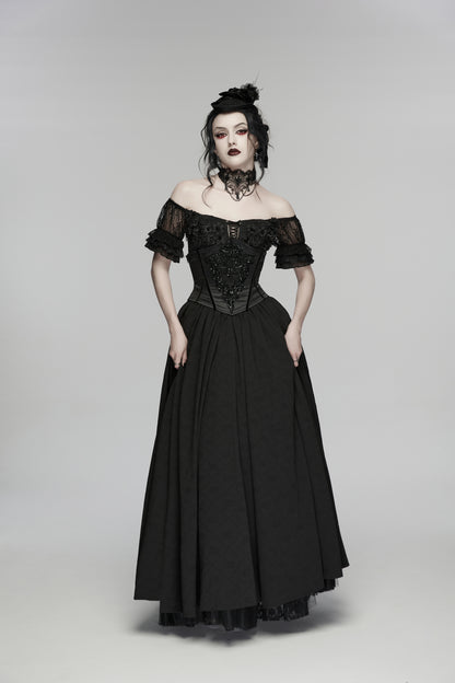 Goth maxi dress in elegant black with off-the-shoulder design and lace accents, showcasing gothic romance and feminine style.
