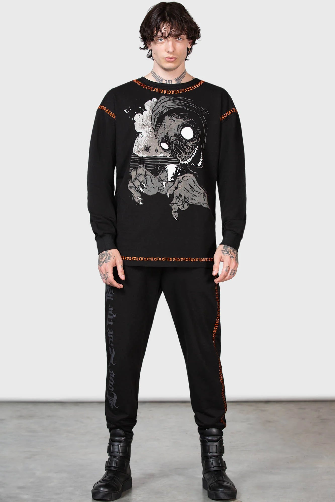 Killstar Fatality Sweater Mens/Unisex with Print and Feature Orange Stitching - Kate's Clothing