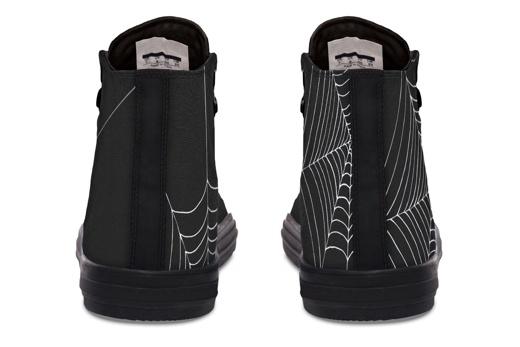 Black high-top sneakers with spider web design on a white background