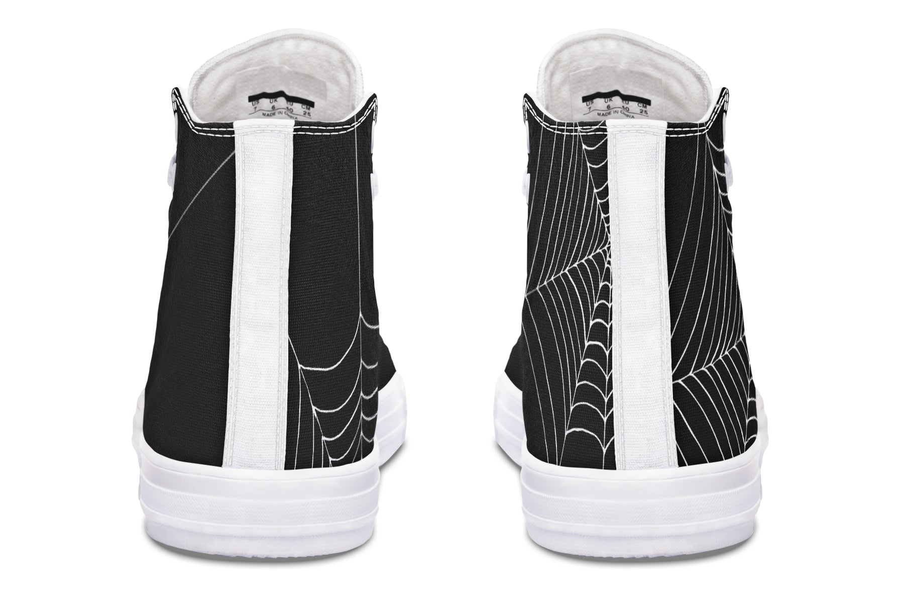 Black and white high-top sneakers with spider web design on a white background
