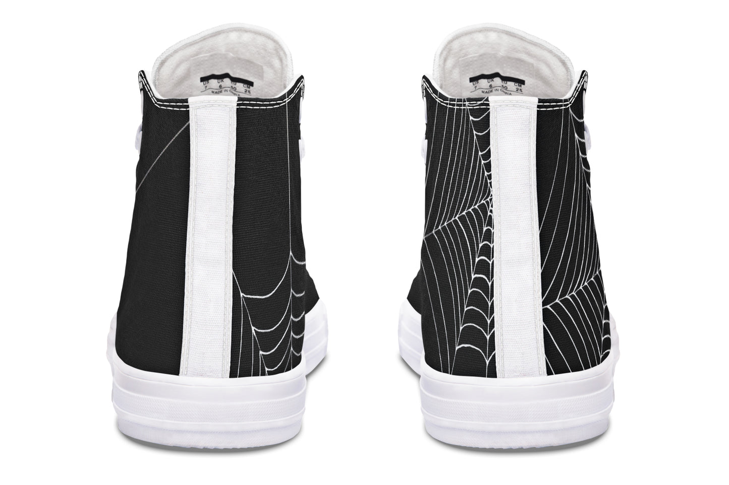 Black and white high-top sneakers with spider web design on a white background