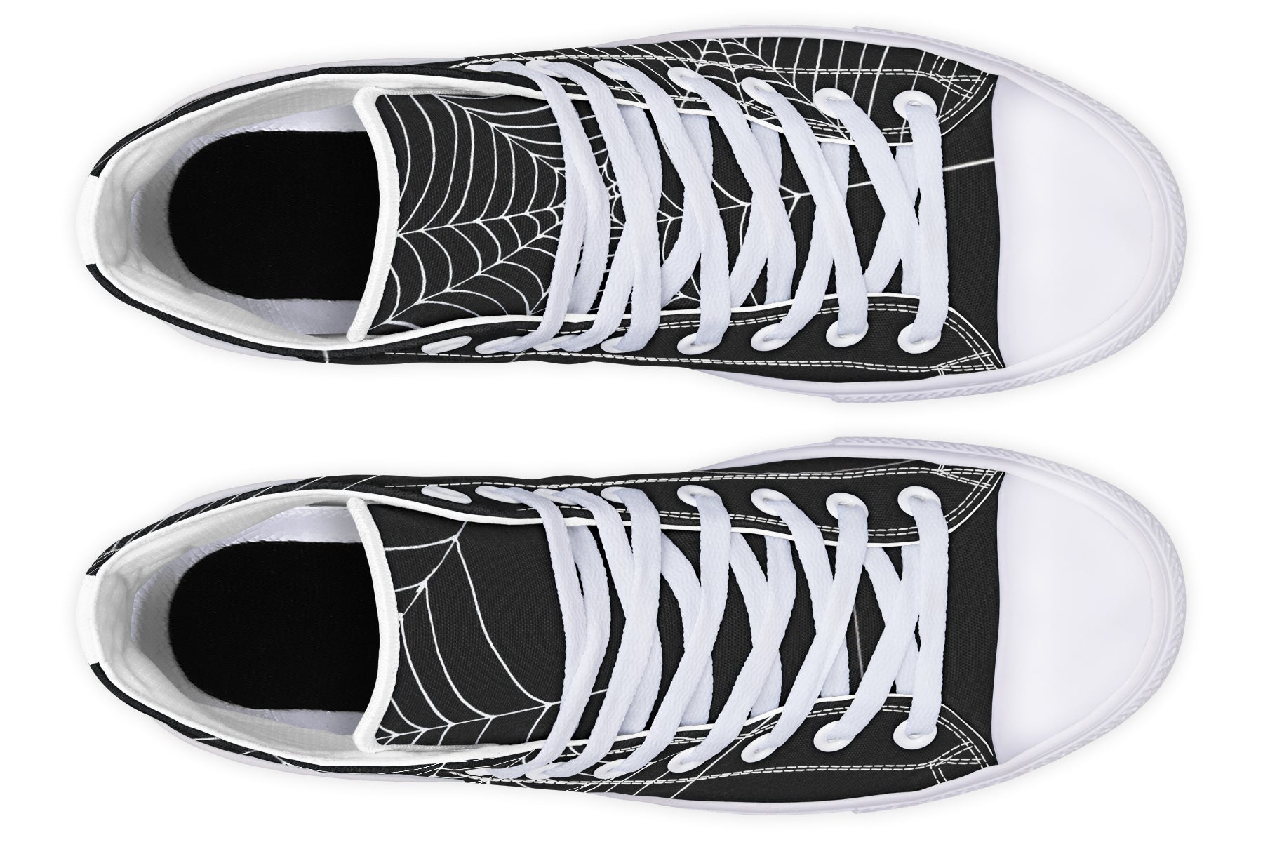 Black and white spider web patterned sneakers on a white background