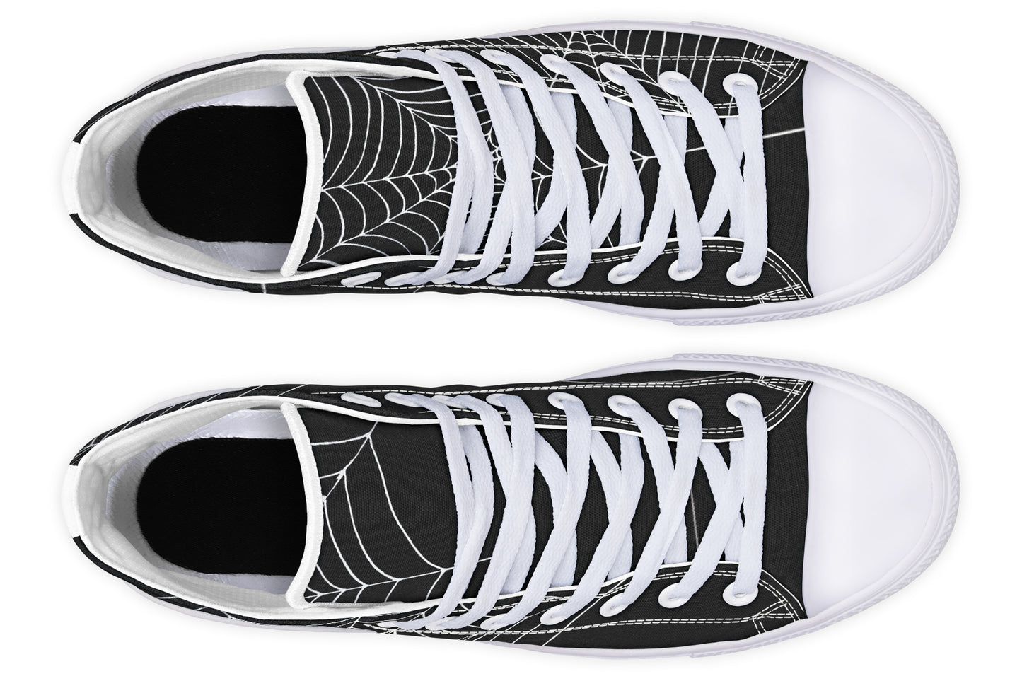 Black and white spider web patterned sneakers on a white background