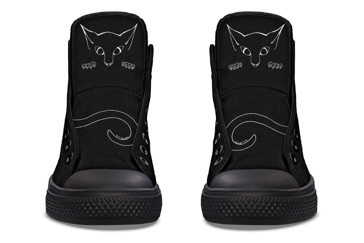 Black high-top sneakers with cat illustrations on a white background