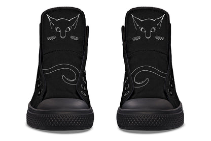 Black high-top sneakers with cat illustrations on a white background