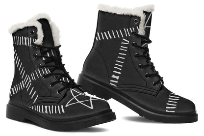 Side view of ANTIBrand Stitches for Witches Comfy Boots – stitched gothic design and plush lining