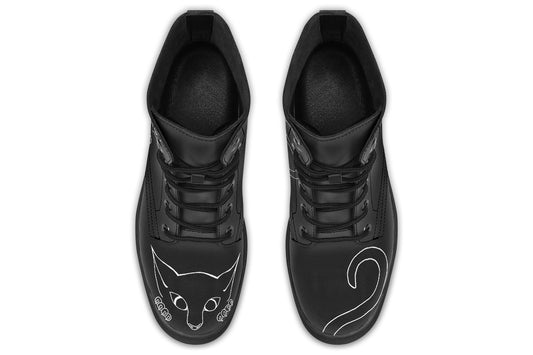 Black vegan leather boots with white peekaboo cat illustration