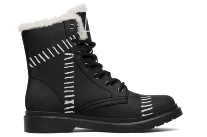 Black winter boots with white fur lining on a white background