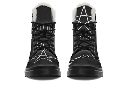 ANTIBrand Stitches for Witches Comfy Boots – black vegan leather combat boots with white pentagram and faux-fur lining