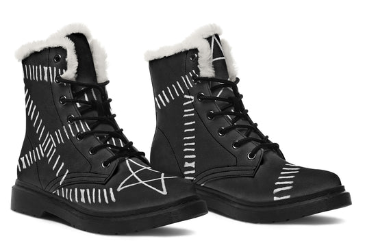 Side view of ANTIBrand Stitches for Witches Comfy Boots – stitched gothic design and plush lining