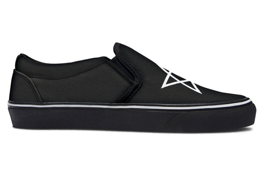 Black slip-ons with white pentagram symbols