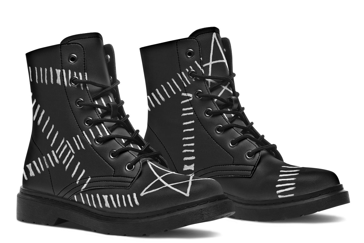 ANTIBrand Stitches for Witches Boots – black vegan leather combat boots with pentagram and stitched design
