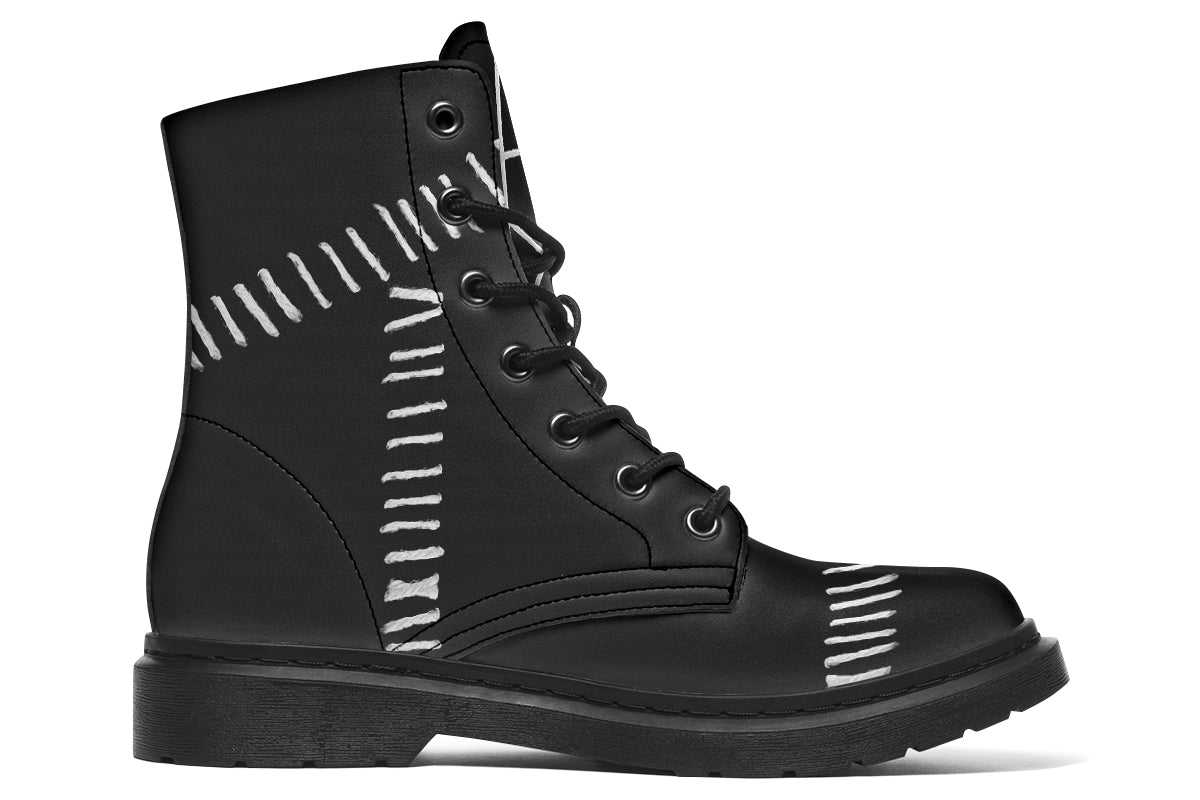 Side view of ANTIBrand Stitches for Witches Boots – white stitched pattern on black vegan leather