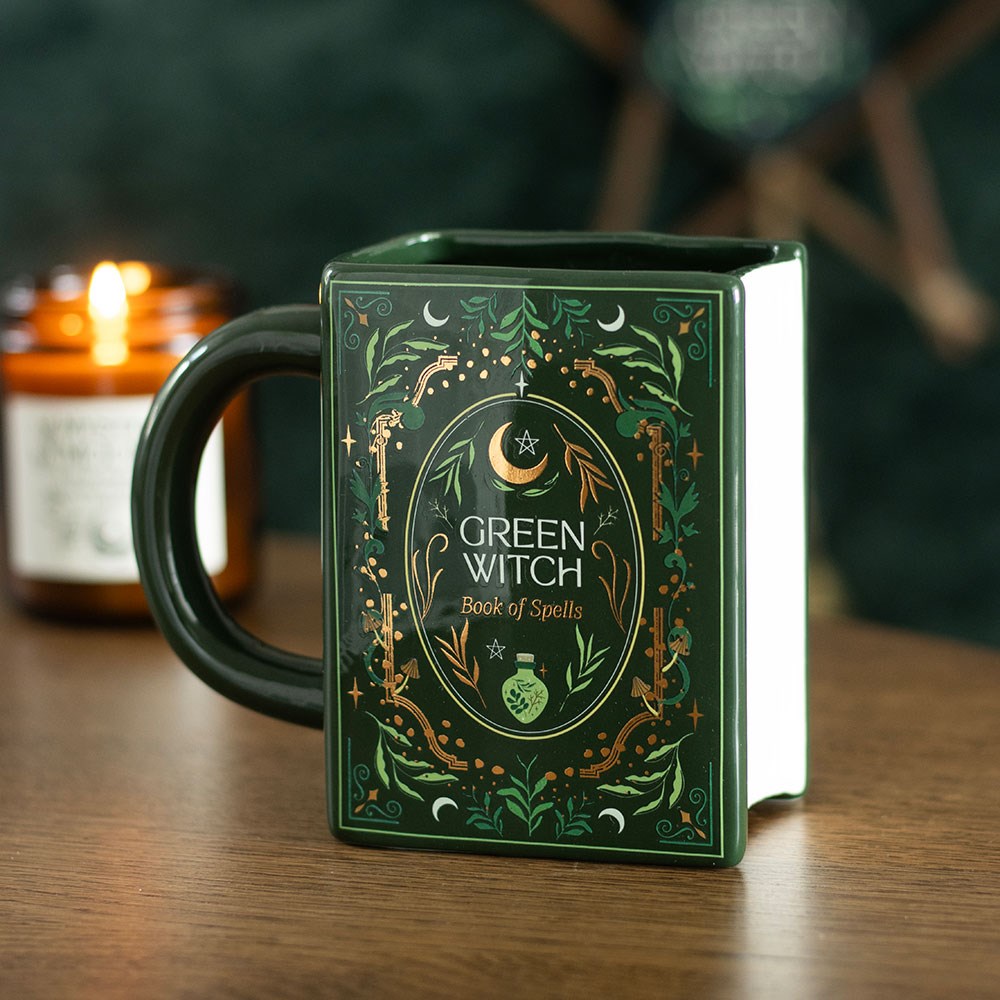 Gothic Gifts Green Witch Book of Spells Ceramic Mug with intricate design and magical themes.