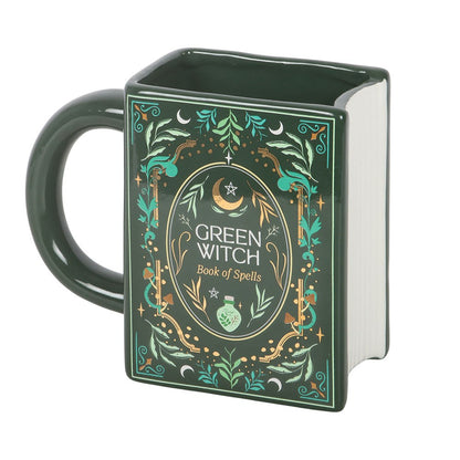 Gothic Gifts Green Witch Book of Spells Ceramic Mug with vintage grimoire design and enchanting details.