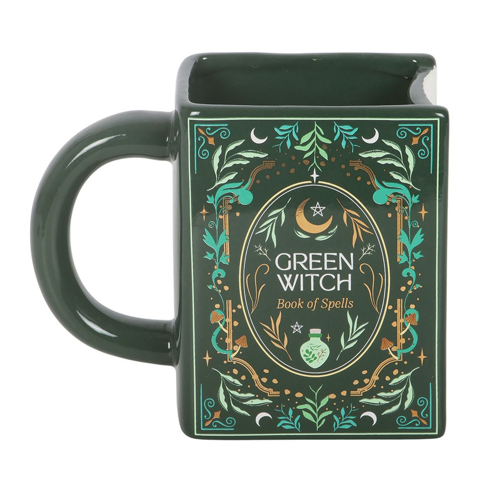 Green Witch Book of Spells ceramic mug in rich green spellbook style