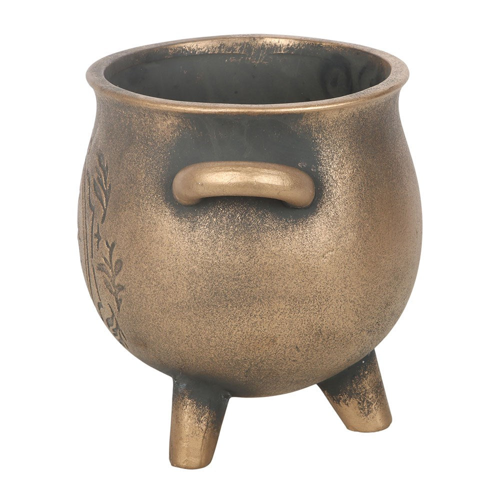 Side profile of the bronze-effect terracotta cauldron plant pot highlighting the rustic handles and curved shape.