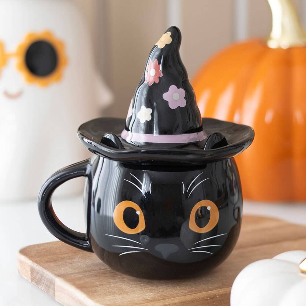 Gothic Gifts Groovy Witch Cat Lidded Mug