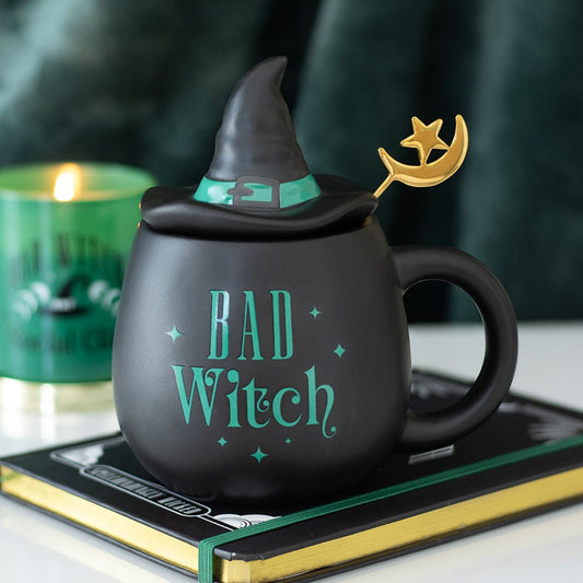 Gothic Gifts  Bad Witch Cauldron Mug with Witch Hat Lid & Moon Spoon