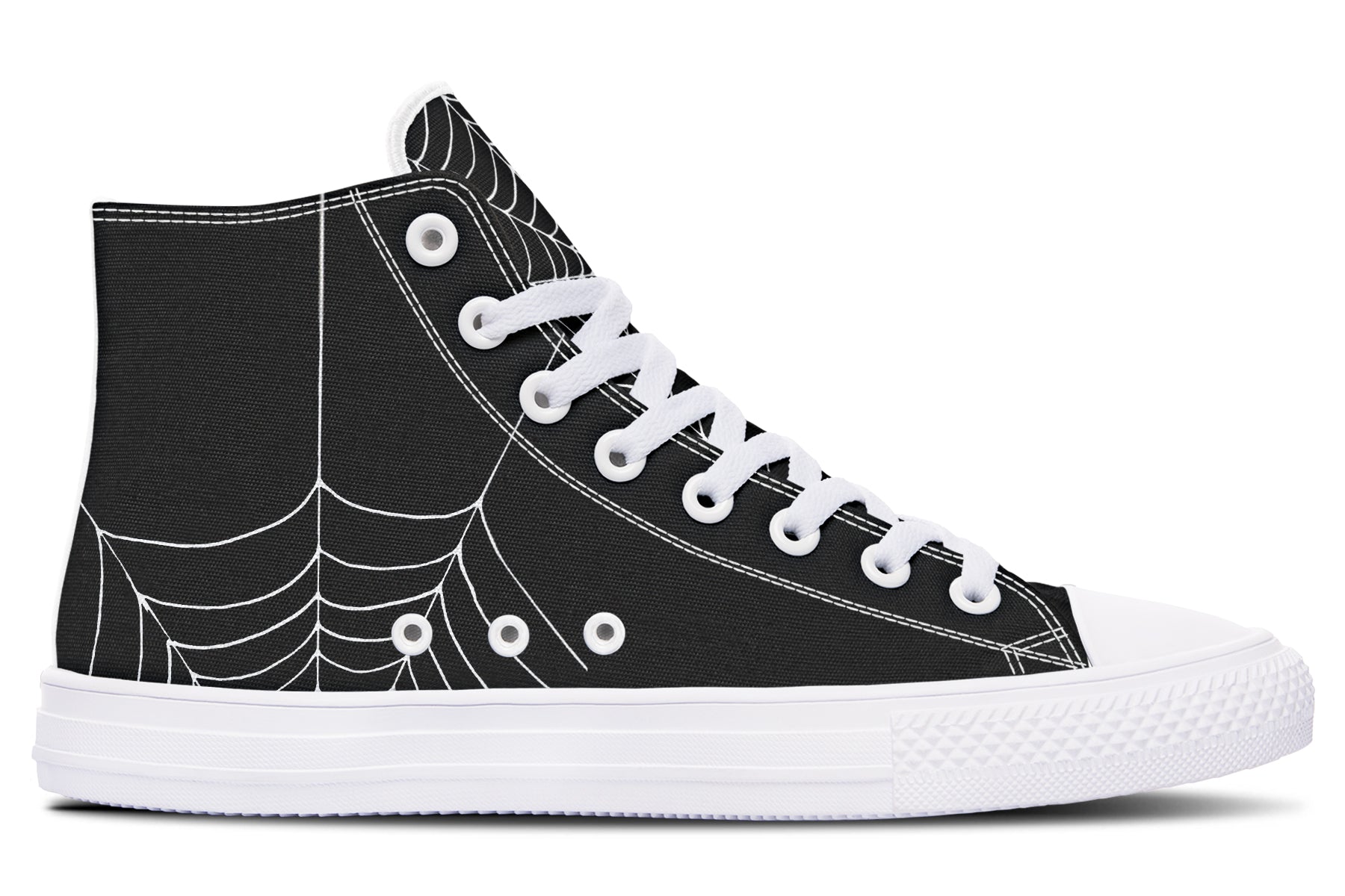 Black high-top sneaker with white spider web pattern on a white background