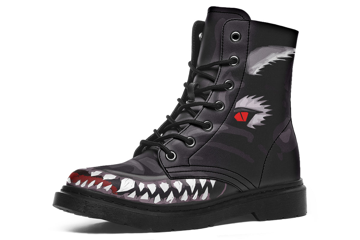 Side view of ANTIBrand Creature Comes Alive Boots – gothic monster artwork on vegan leather