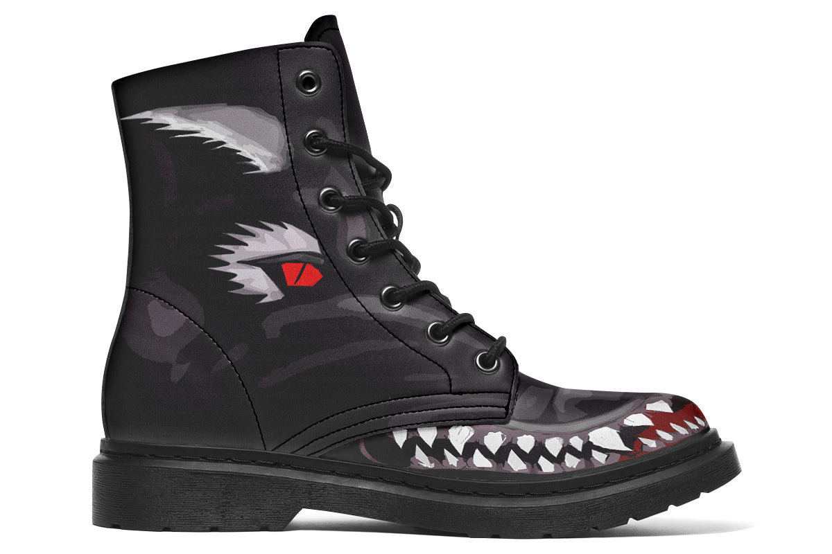 Side view of ANTIBrand Creature Comes Alive Boots – gothic werewolf artwork on vegan leather