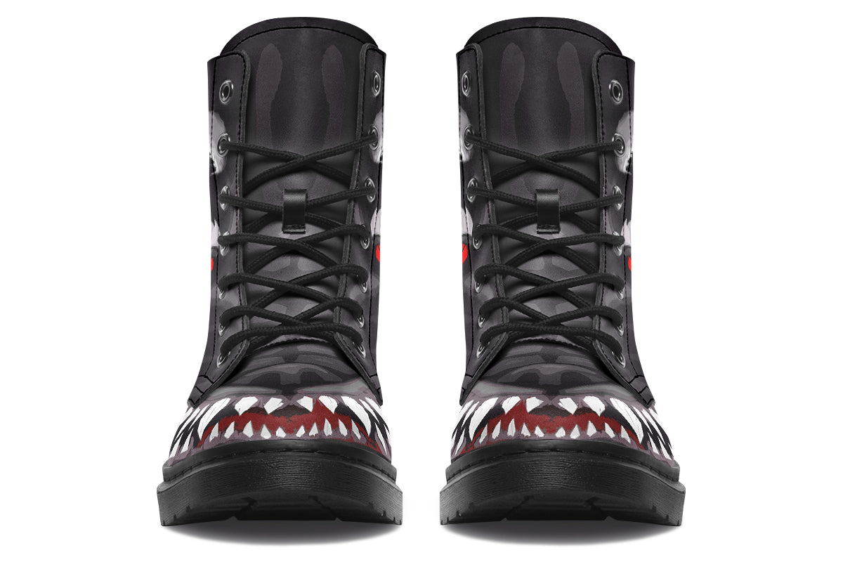 ANTIBrand When the Creature Comes Alive Boots – black vegan leather combat boots with fanged design and red eyes