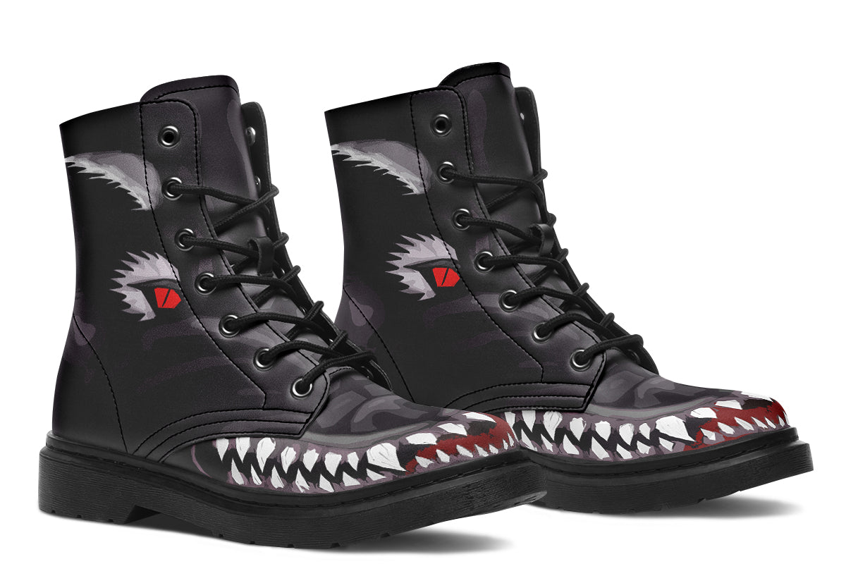 ANTIBrand When the Creature Comes Alive Boots – black vegan leather combat boots with fanged design and red eyes