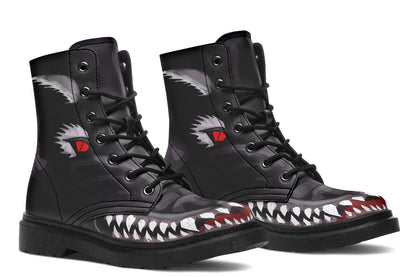 ANTIBrand When the Creature Comes Alive Boots – black vegan leather combat boots with fanged design and red eyes