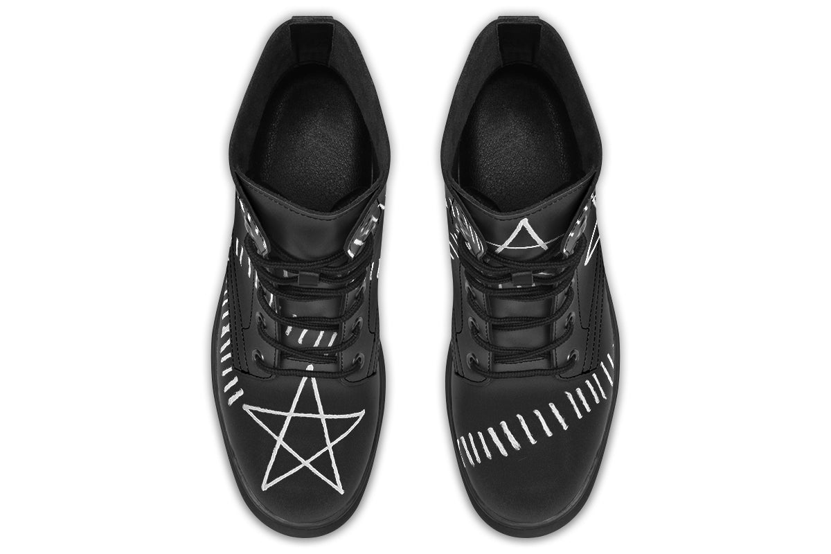 ANTIBrand Stitches for Witches Boots – black vegan leather combat boots with pentagram and stitched design