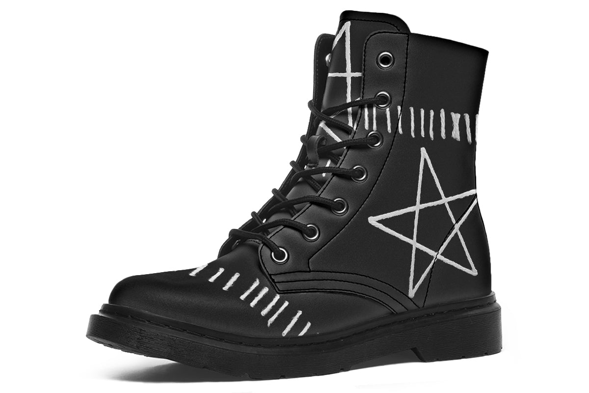 Side view of ANTIBrand Stitches for Witches Boots – white stitched pattern on black vegan leather