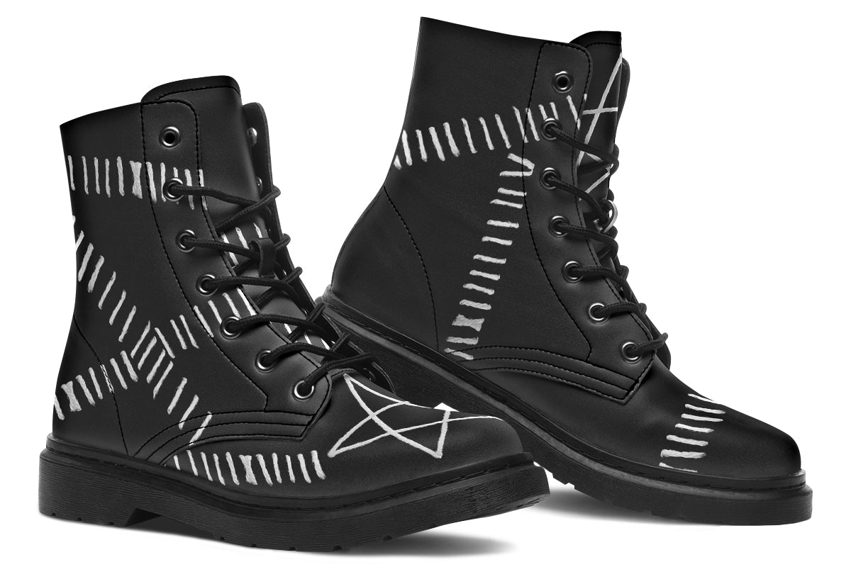 ANTIBrand Stitches for Witches Boots – black vegan leather combat boots with pentagram and stitched design