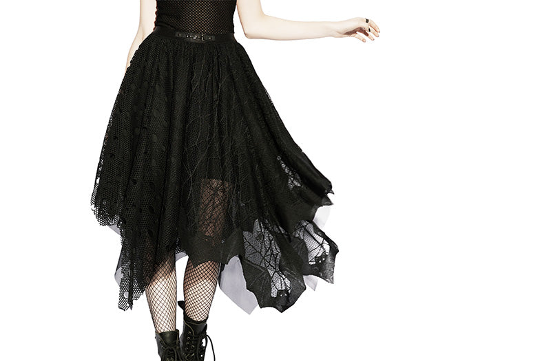 A black goth skirt with a textured mesh overlay and lace with bats and spiderwebs shown on a model wearing fishnet tights and black lace-up boots against a white background.
