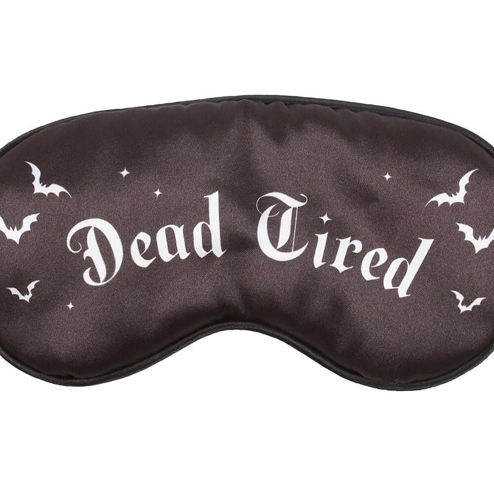 Gothic Gifts Dead Tired Satin Sleep Mask closeup of the white print on the black mask - Kate's Clothing