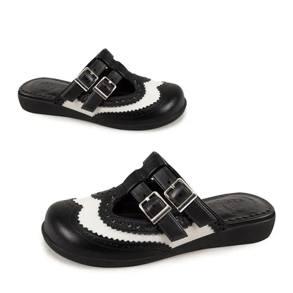 Chocolaticas® Havana Clogs – Gothic Black & White Brogue Vegan Slip-Ons