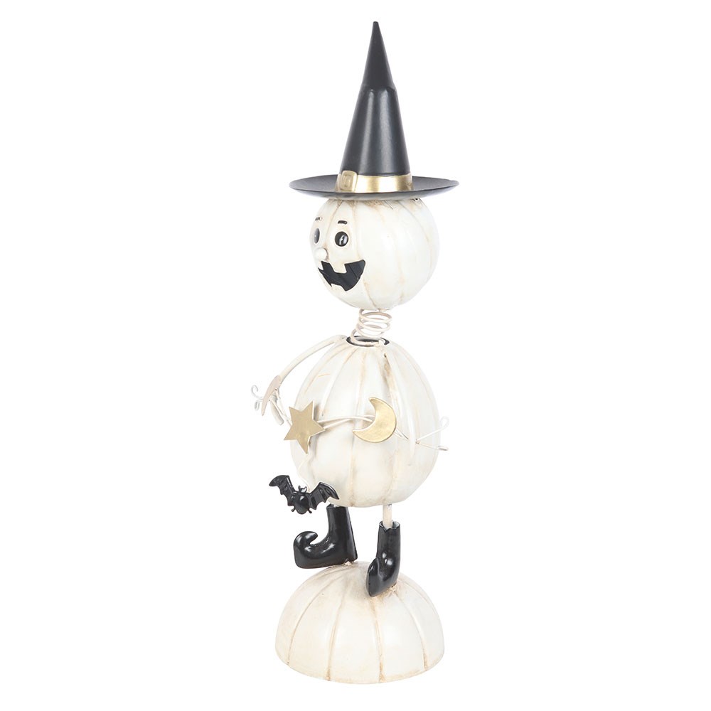 Gothic Gifts White Metal Pumpkin Man Ornament with Witch Hat