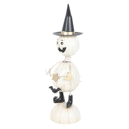 Gothic Gifts White Metal Pumpkin Man Ornament with Witch Hat