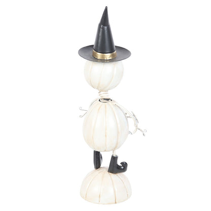 Gothic Gifts White Metal Pumpkin Man Ornament with Witch Hat