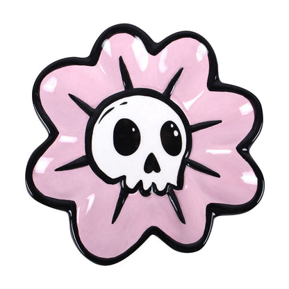Gothic Trinket Dish featuring a playful skull in a soft pink flower design, ideal for dark-themed décor.
