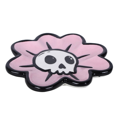 Gothic Trinket Dish featuring a pink flower design with a mischievous skull at the center.
