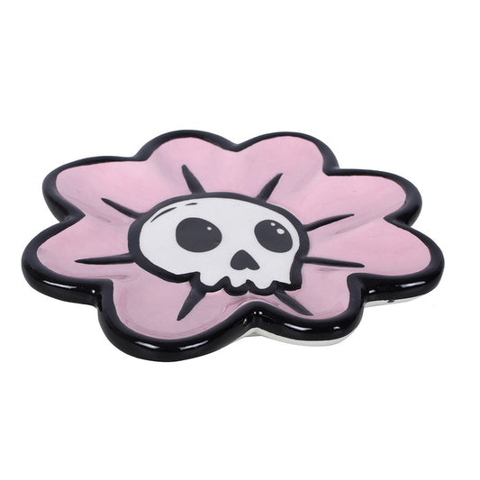 Gothic Trinket Dish featuring a pink flower design with a mischievous skull at the center.